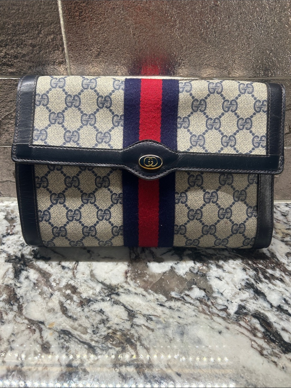 Gucci Beige GG Supreme Vintage Sherry Line Web Stripe Clutch 1980’s with COA